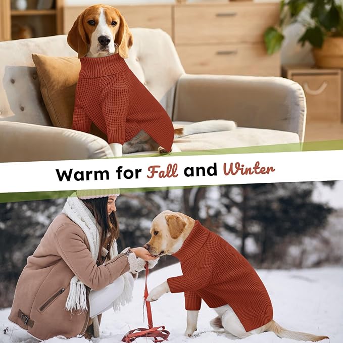 Queenmore Large Dog Sweater, Plaid Dog Sweaters for Large Dogs, Turtleneck Pet KintSweater with Check Pattern, Long Sleeve Holiday Pet Knitwear, Solid, Saddle Brown L