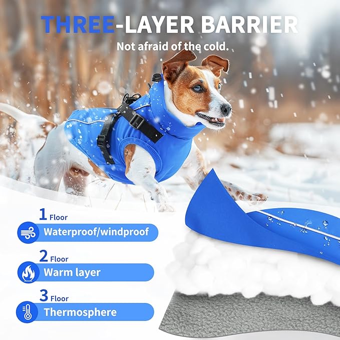 Dog Winter Coat Reflective Water-Resistant Jacket, Fleece Lined Windproof Puppy Coat with Back Zipper & D-Ring, Cold Weather Dog Coats for Small Medium Large Dogs (XL, Blue)