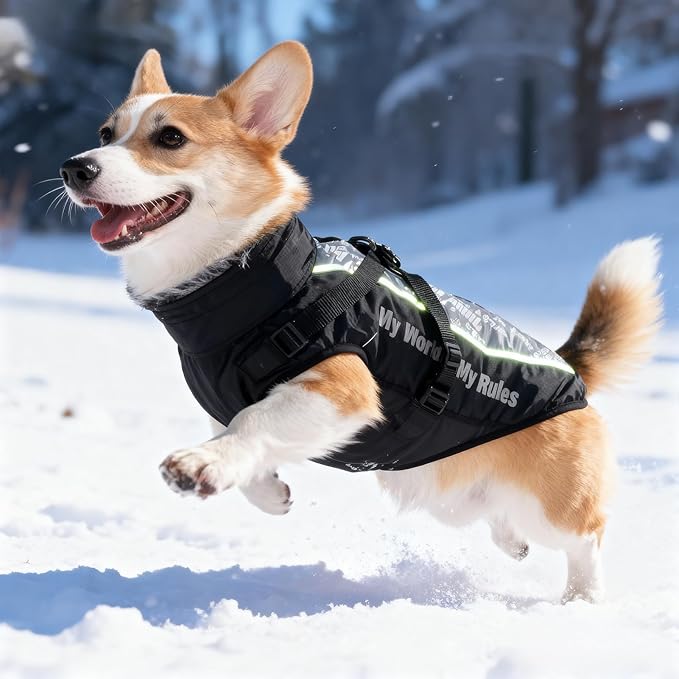 Dog Coat for Medium Large Dogs,Waterproof Reflective Dog Winter Jacket with Harness, Fleece Snowsuit,Warm Pet Winter Coat(Reflective White-XL)