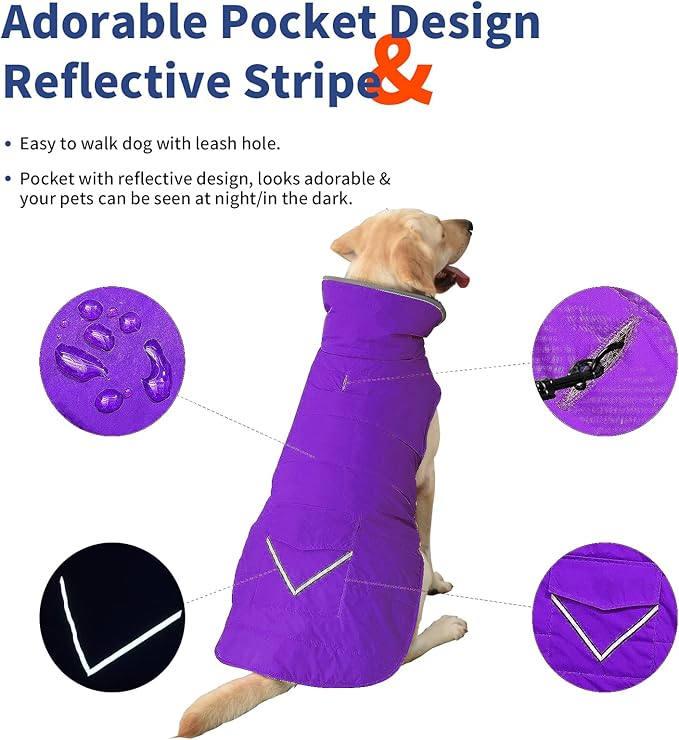 Dog Coat, Waterproof Dog Winter Jacket with Pocket, Reflective Adjustable Pet Snow Vest, Warm Cozy Fleece Sweater for Small Medium Extra Large Dogs - Purple, XS