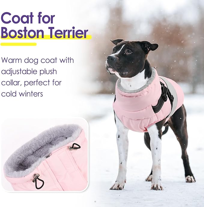 SUNFURA Dog Jacket, Large Dog Coat with Harness Built in, Warm Pet Winter Jacket Zippered Snow Coat with Furry Collar, Waterproof Fleece Snowsuit for French Bulldog, Pink L