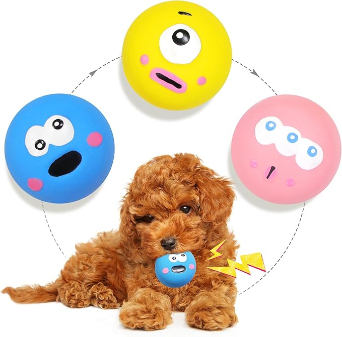 Dog Squeaky Toys, Latex Squeaky Dog Balls with Cute Big Eyes for Pet Dogs - Suitable for Teething Puppies, Small Dogs and Medium Dogs in Outdoor Chase and Fetch (3 Pcs)