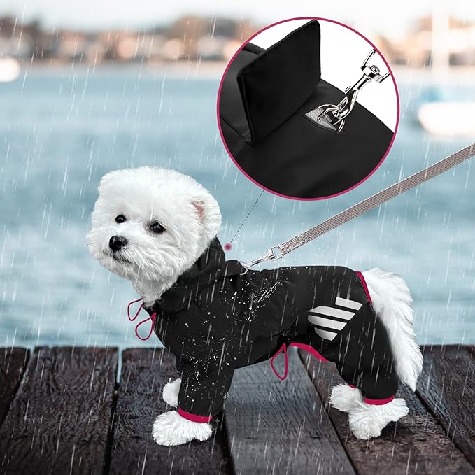 Dog Raincoat, Waterproof Dog Rain Jacket with Hood, Rain Coat with Leash Hole, Reflective Strap for Small Medium Dogs, Lightweight Puppy Clothes(Black,M)