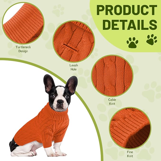 Small Dog Thermal Pullover Sweater, Classic Turtleneck Cable Knitwear Dog Clothes for Cold Weather Warm Pet Clothes for Chihuahua, Bulldog, Dachshund, Pug Orange XX-Large