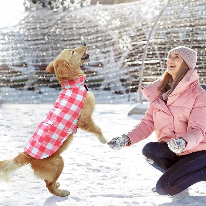 Malier Classic Plaid Fleece Dog Coat - Windproof Warm Jacket with Pocket, Winter Pet Clothes Apparel for Small to Large Dogs (Pink, Medium)