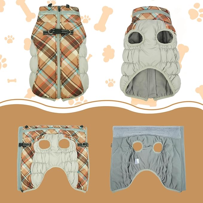 Lelepet Warm Dog Winter Coat Dog Coats for Medium Dogs Waterproof Dogs Jacket with Harness Built in Reflective Cold Weather Coats Windproof Zip-Up Winter Fleece Vest Snowsuit Dachshund Brown Plaid