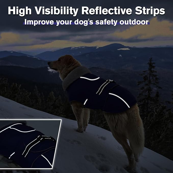 Lelepet Warm Dog Winter Coat Waterproof Dog Jacket with Adjustable Buckle & Leash Hole Reflective Pet Fleece Snowsuit Turtleneck Windproof Cold Weather Coats, Blue, S