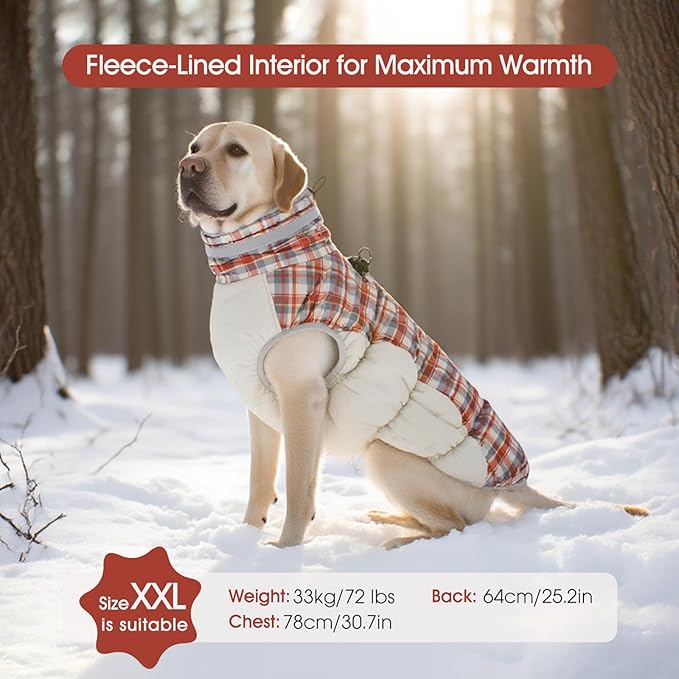 FUAMEY Dog Coat for Large Dogs,Waterproof Dog Winter Jacket with Harness Built in Puppy Cold Weather Coats Reflective Pet Vest with Zipper Warm Fleece Dogs Snowsuit Windproof Red Plaid XXL