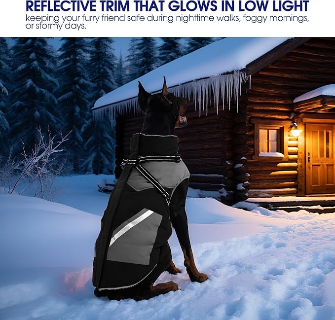 FUAMEY Dog Winter Jackets for Large Dogs,Dog Coat with Harness Built in,Waterproof Dogs Snowsuits Warm Pet Jacket Zip Up Fleece Cold Weather Coats Reflective Puppy Vest with Pocket Black 3XL
