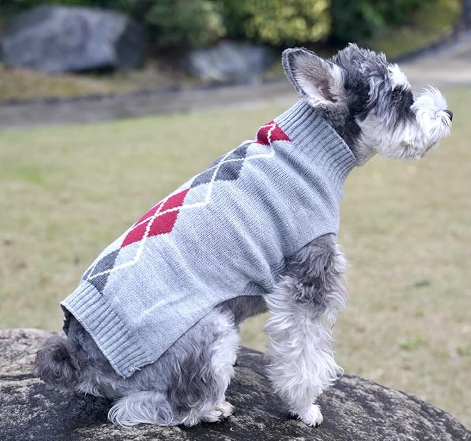 Grey Argyle Knit Pet Sweaters Clothes for Medium Dogs, Classic Gray X-Large (XL) Size