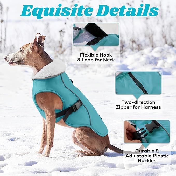 EMUST Dog Cold Weather Coats, Fleece Lining Small/Medium/Large Dog Jacket for Winter, Warm Waterproof Pet Winter Clothes for Large Dogs, Turquoise, XL