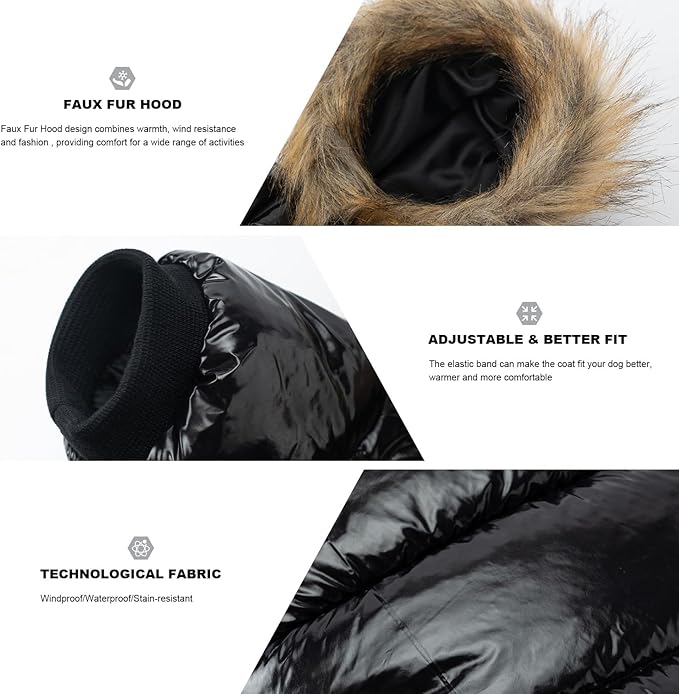 PINA Dog Winter Coat with Faux Fur Hood, Windproof and Warm, Suitable for Small to Large Dogs, Black, XL