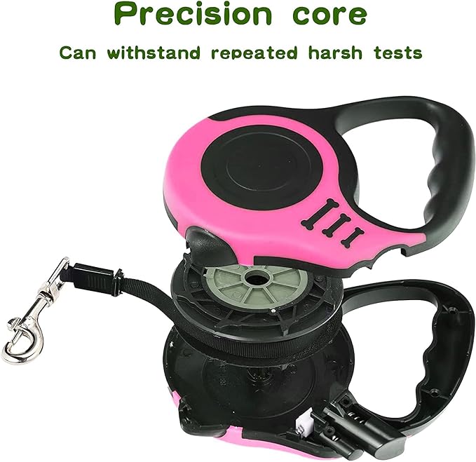 Heavy Duty Retractable Leash for Small Dog or Cat, 360 Tangle-Free Nylon Tape, Anti-Slip Handle, with Waste Bag Dispenser (10FT Pink)