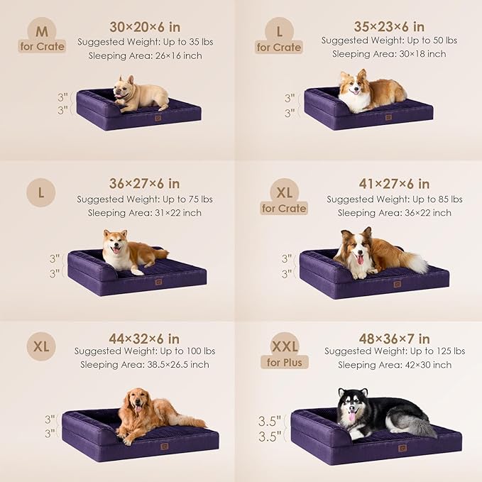 EHEYCIGA Memory Foam Dog Bed Large Sized Dogs, Pet Bed for Large Dog for Crate with Waterproof Liner, Pet Couch Bed Orthopedic with Washable Removable Cover, 35x23x6 Inches, Purple