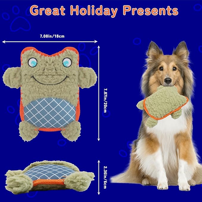 Crinkle Dog Toys Squeaky Plush No Stuffing Cute Puppy Stuffless Tough Rop Pull Toy, Fun Dog Stuffed Animals Durable Chew Set for Small Medium Large Pup (Large, Green Frog)