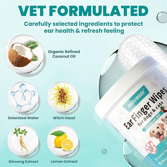 Ear Cleaner Finger Wipes 60 Counts, Dog Ear Cleaner, Grooming Kit Care for Dogs and Cats, Soft & Easy Otic Cleaning Pads, Remove Wax, Dirt & Stop Smelly, Itchy, Non-Irritating, Unscented