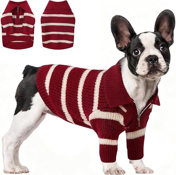 Small Dog Sweater with Zipper, Knitted Striped Pullover Dog Clothes for Cold Weather, Thick Warm Cozy Stretchy Sweater for Chihuahua, Bulldog, Dachshund, Pug(Red & White Strip, M)