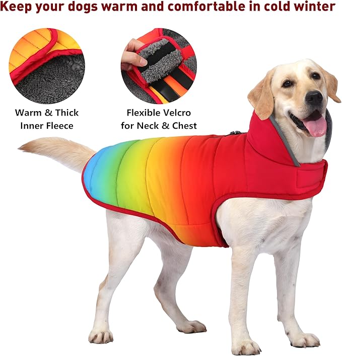 Dog Winter Coat, Waterproof Dog Jacket with Leash Hole, Reflective Adjustable Pet Snow Vest, Warm Fleece Sweater for Small Medium Large Dogs - Rainbow, S