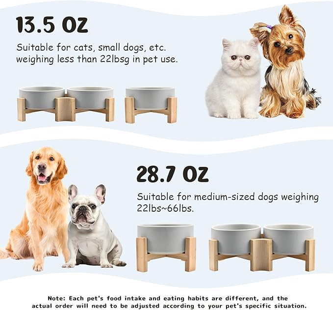 SPUNKYJUNKY 15° Slanted Ceramic Dog and Cat Bowl with Wooden Stand, Tilted Bulldog Food and Water Bowl No Slip Non-Spill for Cats Medium Dogs Big Face Pets 28.7 OZ (3.6 Cups, Grey)
