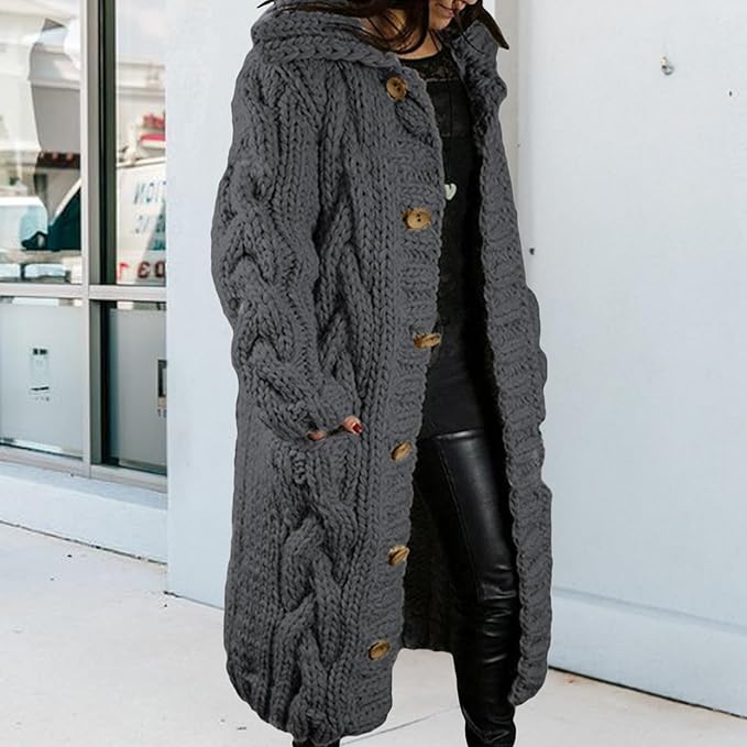 LOAIHA Women Chunky Cable Knit Long Sleeve Cardigan Fall Winter Trendy Oversized Button Down Sweaters Outerwear with Pocket