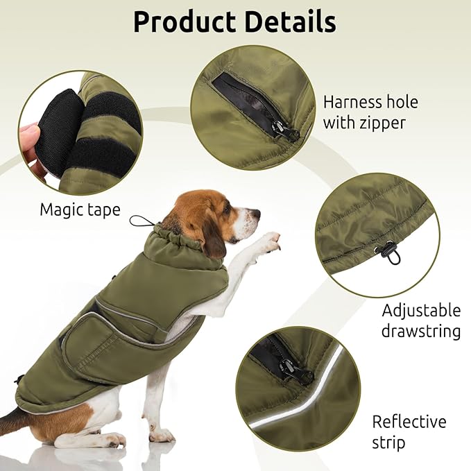 Peferhouse Warm Winter Coat for Large Male Dogs, Cold Weather Windproof Reflective Jacket With Harness Hole, Thick Vest ArmyGreen 4XL