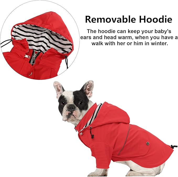 Dog Zip Up Raincoat with Reflective, Rain/Water Resistant, Adjustable Drawstring, Removable Hood, Raincoats with Legs 8lbs to 80lbs Available - Red - Large