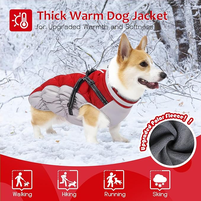 Dog Winter Coat with Harness, Dog Jacket, Pet Clothes with Zipper on Back, Waterproof Windproof Warm Vest, Reflective Cold Weather Coats, for Small Medium Large Dogs, Thick, Red, 3XL