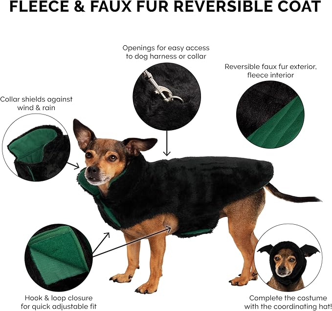 Furhaven Reversible XS Dog Coat, Washable & Insulating w/ Leash Access - Faux Fur & Quilted Fleece Flex-Fit Jacket - Black/Green, Extra Small