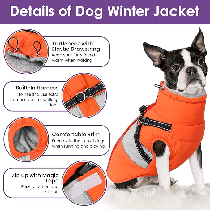 SUNFURA Small Dog Coat with Harness Built in, Warm Dog Jacket Winter with Zipper On Back, Waterproof Pet Snow Jacket Snowsuit Pet Sweater Clothes for Puppy, Orange XS
