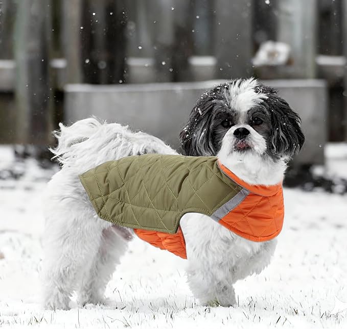 Quilted Dog Winter Coat, Plaid Lined Reversible Vest, Reflective Safety Strip, Cold Weather Pet Apparel Army Green S