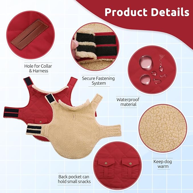 ASENKU Warm Dog Winter Coat, Waterproof Dog Coat for Cold Weather, Fleece Dogs Jacket with Ultra Thick Plush Lining Leash Hole Storage Pockets for Small Dogs (Red, Small)