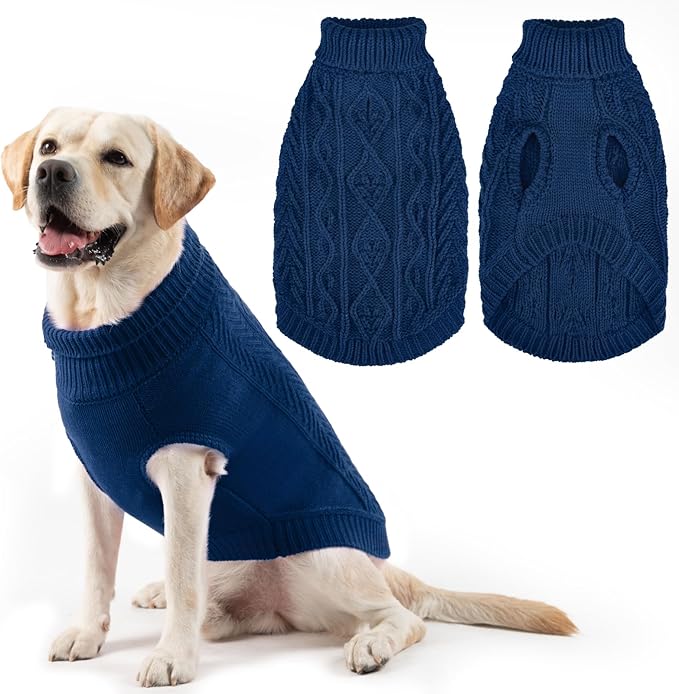 PUPTECK Dog Sweater, Turtleneck Warm Knitted Pullover Coat, Thick Cable Knitwear Clothes in Winter, Pet Apparel Outfits for Large Dogs, for Cold Weather Indoor & Outdoor, Deep Blue ML