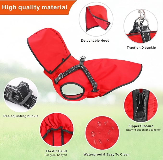Mosucoirl Dog Raincoat Waterproof Dog Hoodie Reflective Dog Raincoat Hooded Adjustable Rain Jacket for Small Medium Large Dogs Puppies (Red, XL)