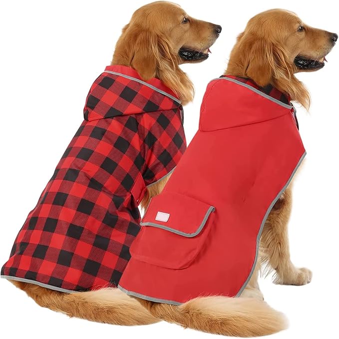 HDE Reversible Dog Raincoat Hooded Slicker Poncho Rain Coat Jacket for Small Medium Large Dogs Buffalo Plaid/Red - 3XL