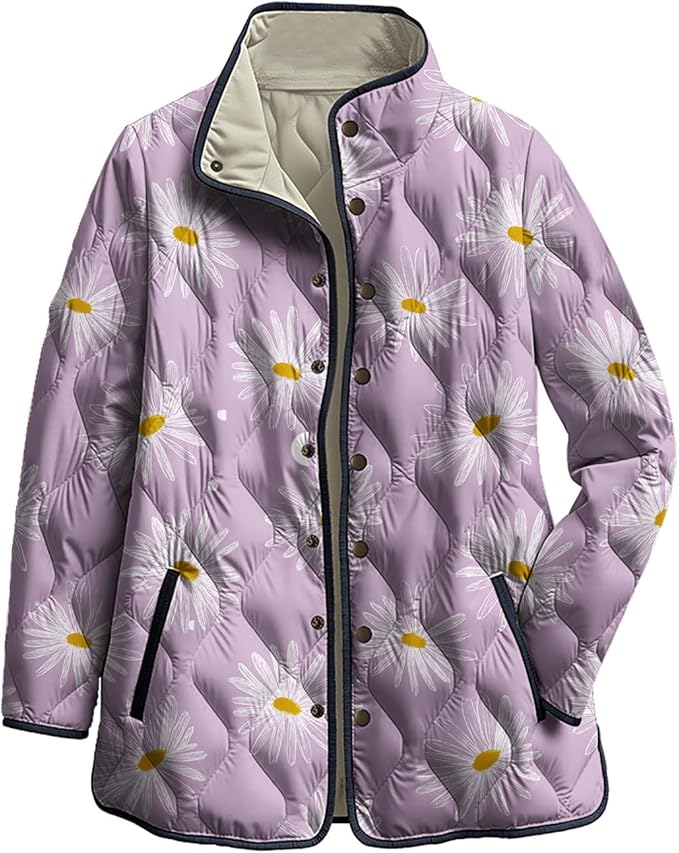 LIZALIG Women's Cropped Puffer Jacket Lightweight Floral Print Long Sleeve Padded Quilted Puffy Cardigan Coat