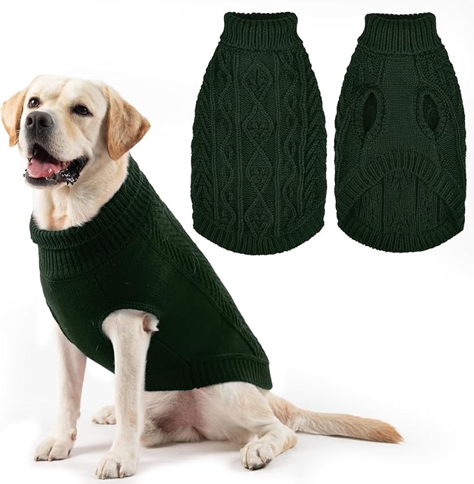 PUPTECK Dog Sweater, Turtleneck Warm Knitted Pullover Coat, Thick Cable Knitwear Clothes in Winter, Pet Apparel Outfits for Large Dogs, for Cold Weather Indoor & Outdoor, Deep Green L