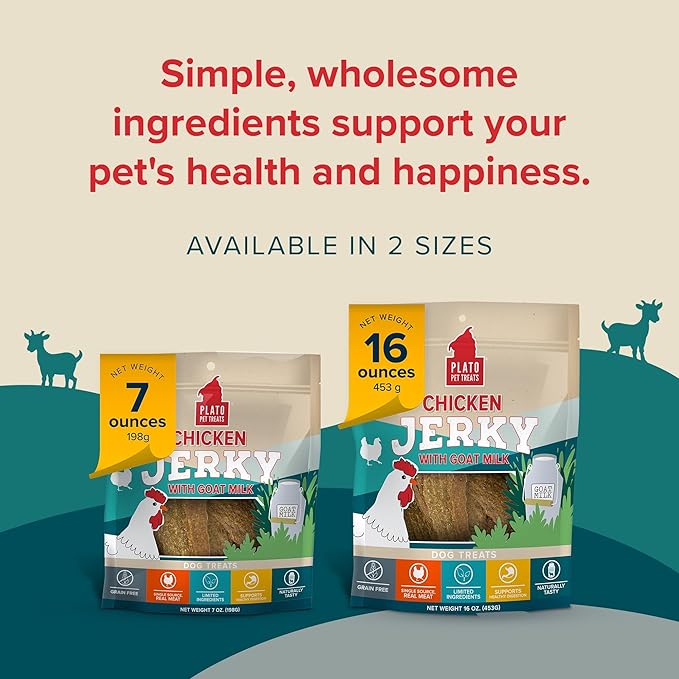 PLATO Pet Treats Jerky Dog Treats - Air-Dried Jerky for Dogs - Delicious, Real Meat Dog Treats - Grain Free - Supports Healthy Digestion - Chicken Jerky with Goat Milk 16oz
