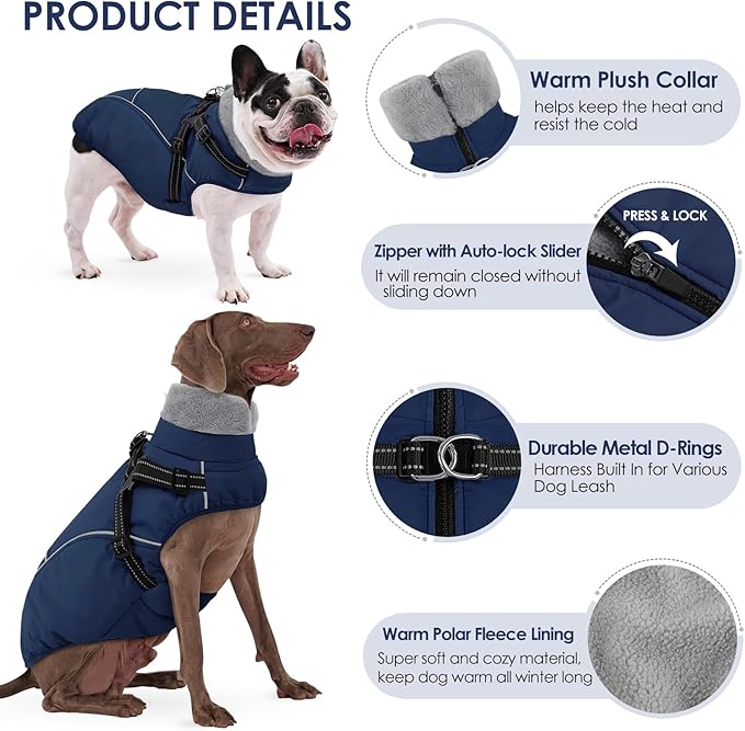 AOFITEE Dog Coat for Large Dogs, Waterproof Dog Jacket Winter with Harness Built in, Warm Fleece Pet Puffer Jacket with Zipper, Cold Weather Coats for Dogs, Reflective Pet Snowsuit, Blue XXL