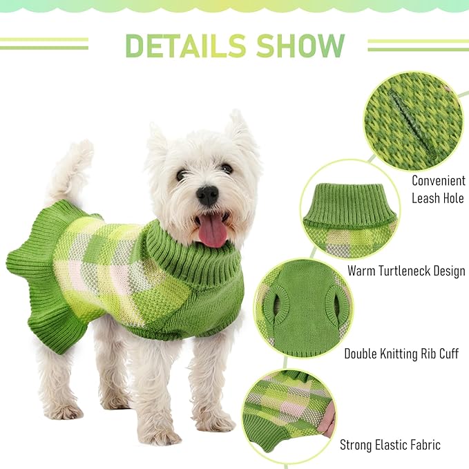 Dog Sweater Dress Plaid Knitwear for Small Medium Dogs Warm Puppy Pet Turtleneck Stretch Pullover Cute Fall Winter Vest Clothes with Leash Hole for Christmas (Green, XL)