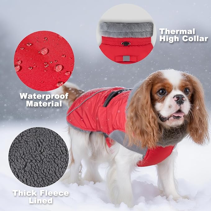 KYEESE Waterproof Dog Coat, Windproof Winter Jacket with Thick Fleece Lining, Extra Warm Turtleneck Dog Coats for Medium Dogs with Leash Hole and Reflective Design, Red, X-Large