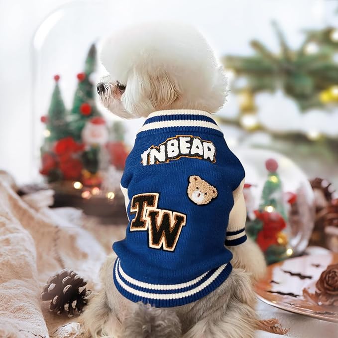 Small Dog Sweater Sweatshirt Cute Blue Puppy Sweaters - Winter Warm Knitted Bear Design for Small Puppies (S)