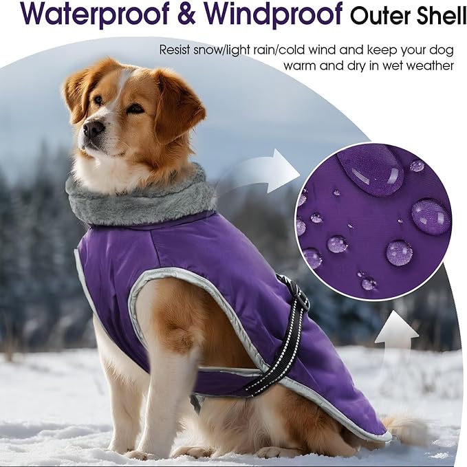 Warm Dog Jacket,3XL Dogs Reflective Adjustable Winter Coat with Turtleneck for Cold Weather,Waterproof Fleece Snowsuit Large Dogs,Pet Cold Weather Coats,Dog Winter Coat Windproof,Purple,3XL