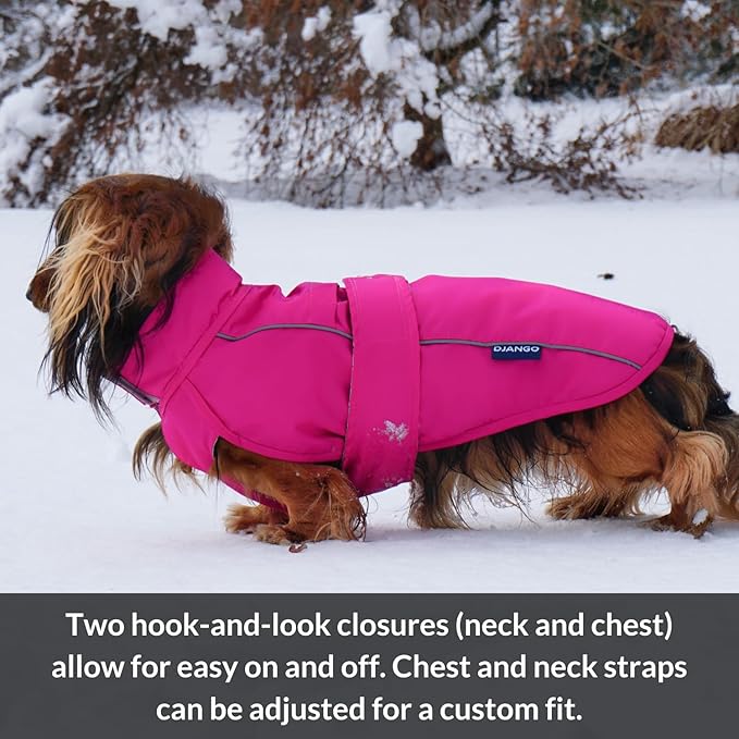 DJANGO Dog Jacket & Raincoat – Lightweight Water-Resistant Coat for Small, Medium & Long Dogs Like Dachshunds – Reflective, Adjustable Fit, Harness-Compatible & Easy-Access Harness Hole - Pink, Large