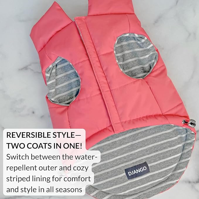 DJANGO Puffer Dog Coat – Warm Winter Dog Jacket & Water-Repellent Insulated Puffer Vest with Striped Lining, Harness Hole, Adjustable Fit for Small & Medium Dogs, Dachshunds – Rose Petal Pink, Medium