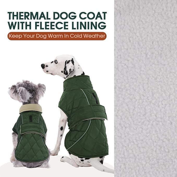Kuoser Extra Warm Dog Jacket, Windproof Fleece Lined Turtleneck Snowsuit for Dogs, Easy On/Off Dog Coats for Medium Large Dogs, Quilted Cold Weather Pet Winter Coat Thermal Clothes, Green L