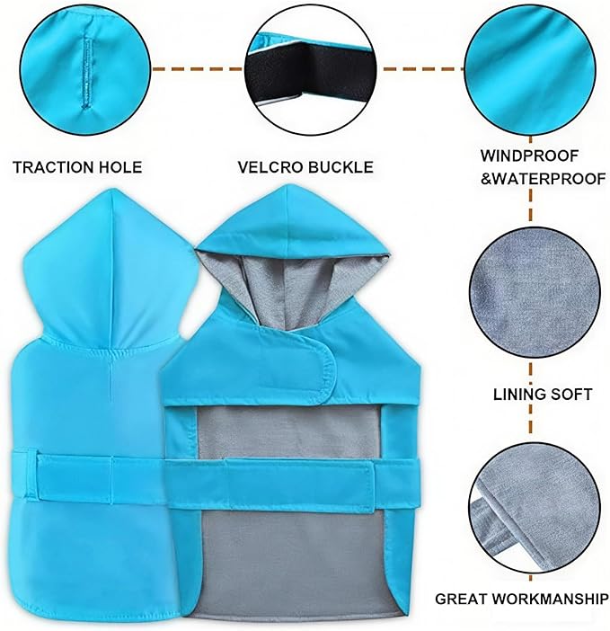 Dog Raincoat Dog Rain Jacket Poncho Waterproof Pet Rain Suit Double Layer Breathable Lining Hooded Leash Hole Adjustable Puppy Small Medium Dogs,Blue,XL