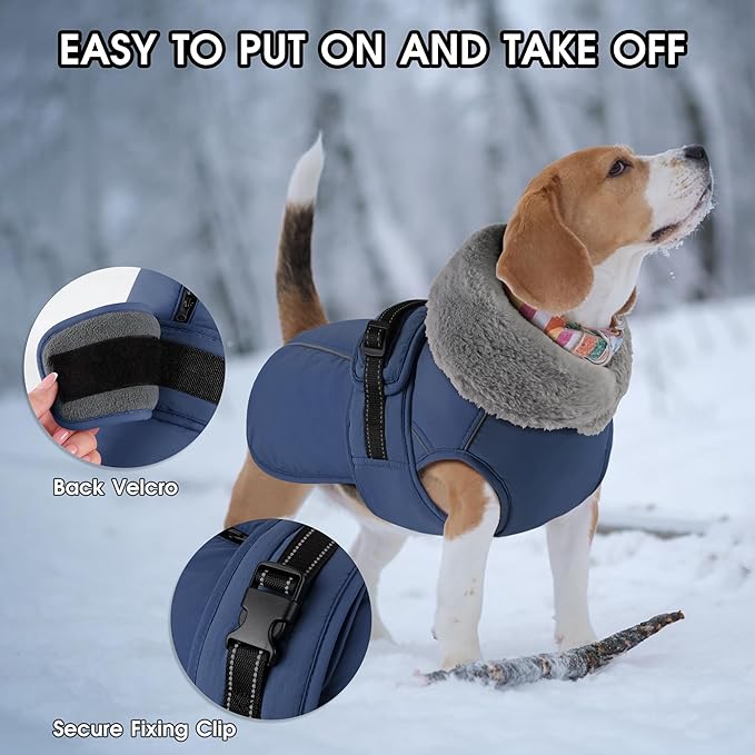 PETDSH Dog Coat Medium, Windproof Dog Jacket with Warm Fleece Lining, Thickened Collar Dogs Winter Coat, Adjustable Reflective Pet Coats for Cold Weather (Navy Blue, Medium)