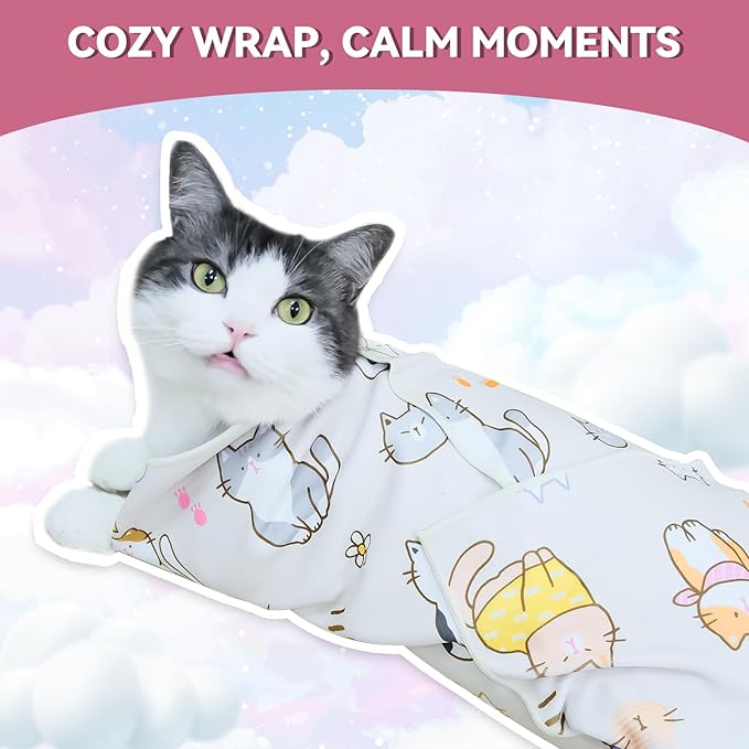Cat Grooming Wrap for Cutting Nails, 27.6" Anti-Escape Calming Cat Swaddle Wrap for Medicine, Nail Clipping, Teeth Brushing, Ear Cleaning, Self-Adherent Burrito Restraint, (CatLand, L)
