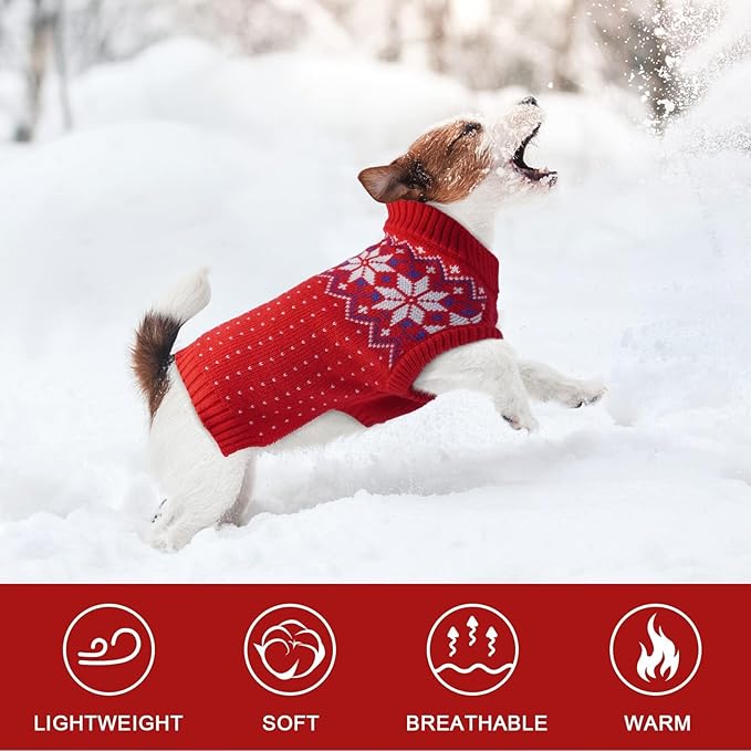 Kuoser Dog Sweater, Holiday Christmas Snowflake Pet Warm Knitwear Dog Sweaters Soft Puppy Clothing, Doggie Turtleneck Cold Weather Outfit Pullover for Small Medium Large Dogs Cats, Red S