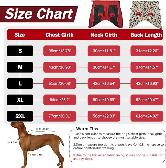 IDOMIK Reversible Dog Winter Coat, Thick Warm Dog Coat with Leopard Fleece Lining&Zipper, Adjustable High Collar Waterproof Jacket, Reflective Pet Cold Weather Coats for Large Dogs,Red,2XL